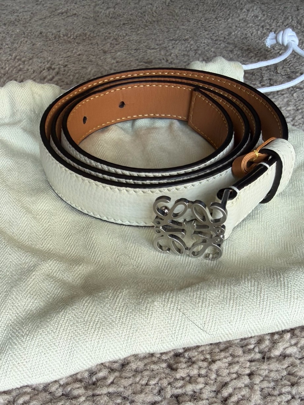 Loewe Cream Leather Belt with Silver Anagram Buckle